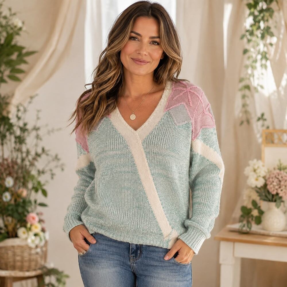 Tarazzia L Lambswool Angora Sweater Mint Pink Ivory Colorblock V Neck